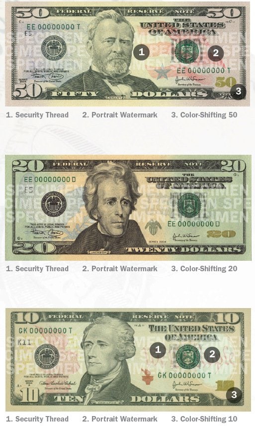 50 - 20 - 10 dollar bills