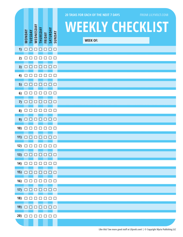 20 daily tasks weekly checklist from Lilyvolt - Blue