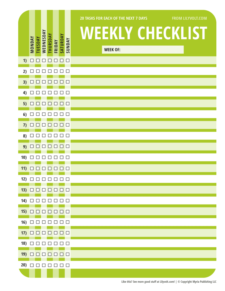 20 daily tasks weekly checklist from Lilyvolt - Green