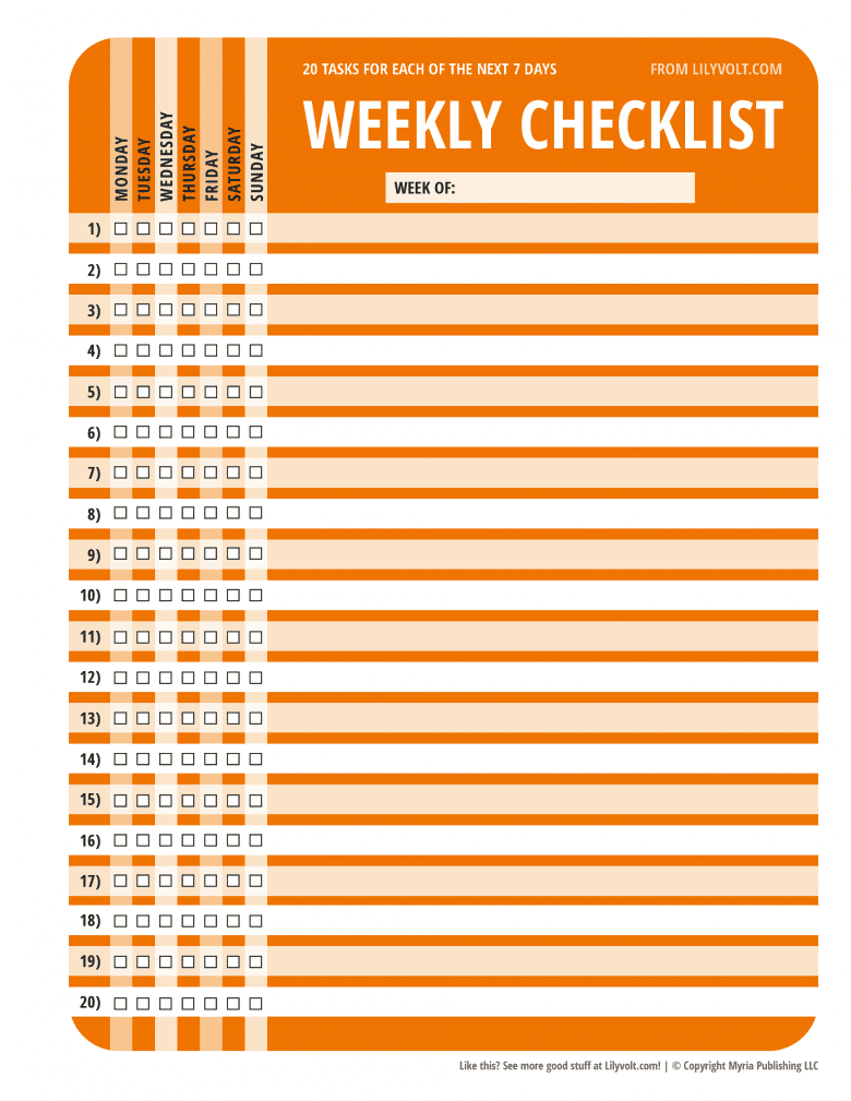20 daily tasks weekly checklist from Lilyvolt - Orange