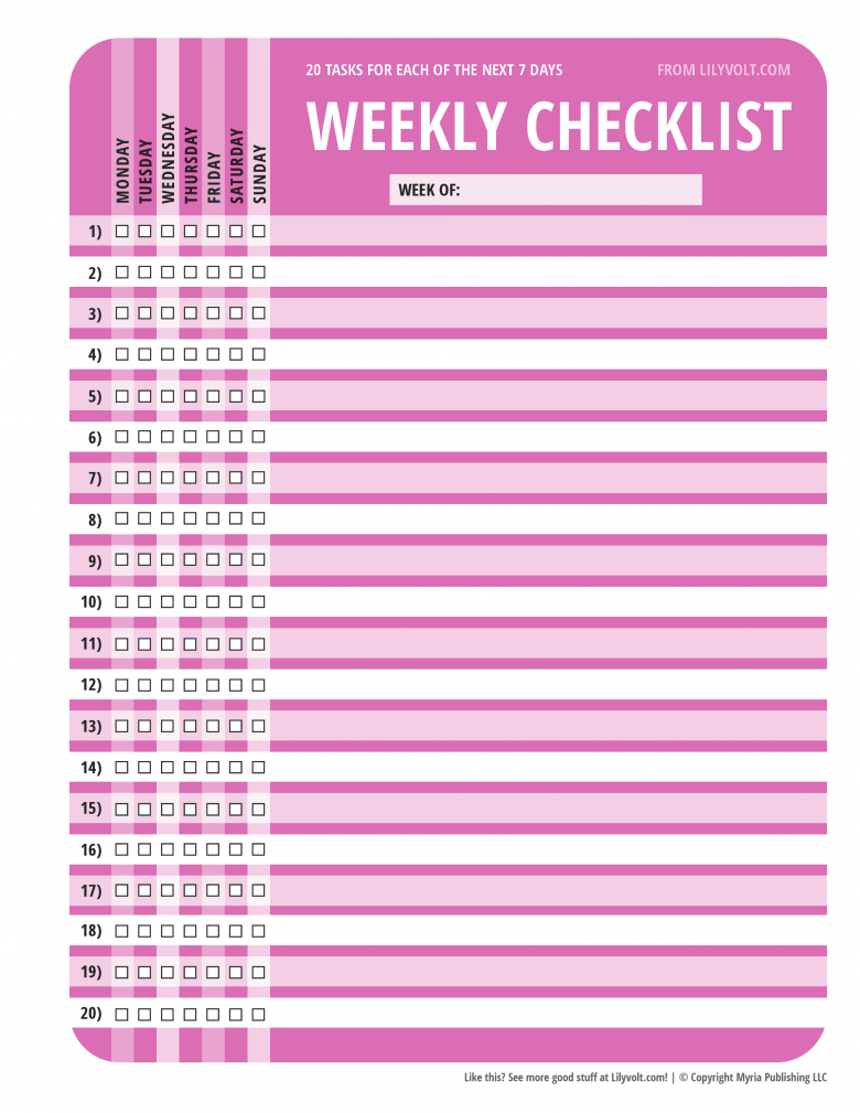 20 daily tasks weekly checklist from Lilyvolt - Pink