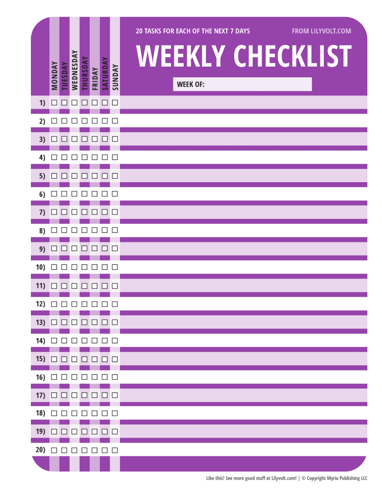 20 daily tasks weekly checklist from Lilyvolt - Purple