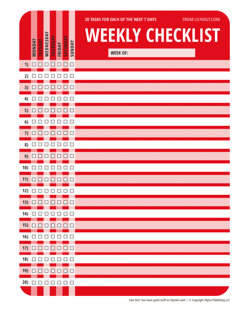 20 daily tasks weekly checklist from Lilyvolt - Red
