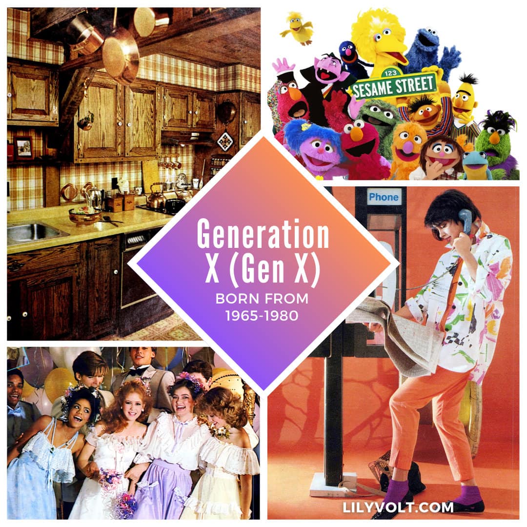4. Generation X (1965-1980) - Retro kitchen with wood cabinets and harvest gold decor, Sesame Street, pay phones, 80s prom dresses