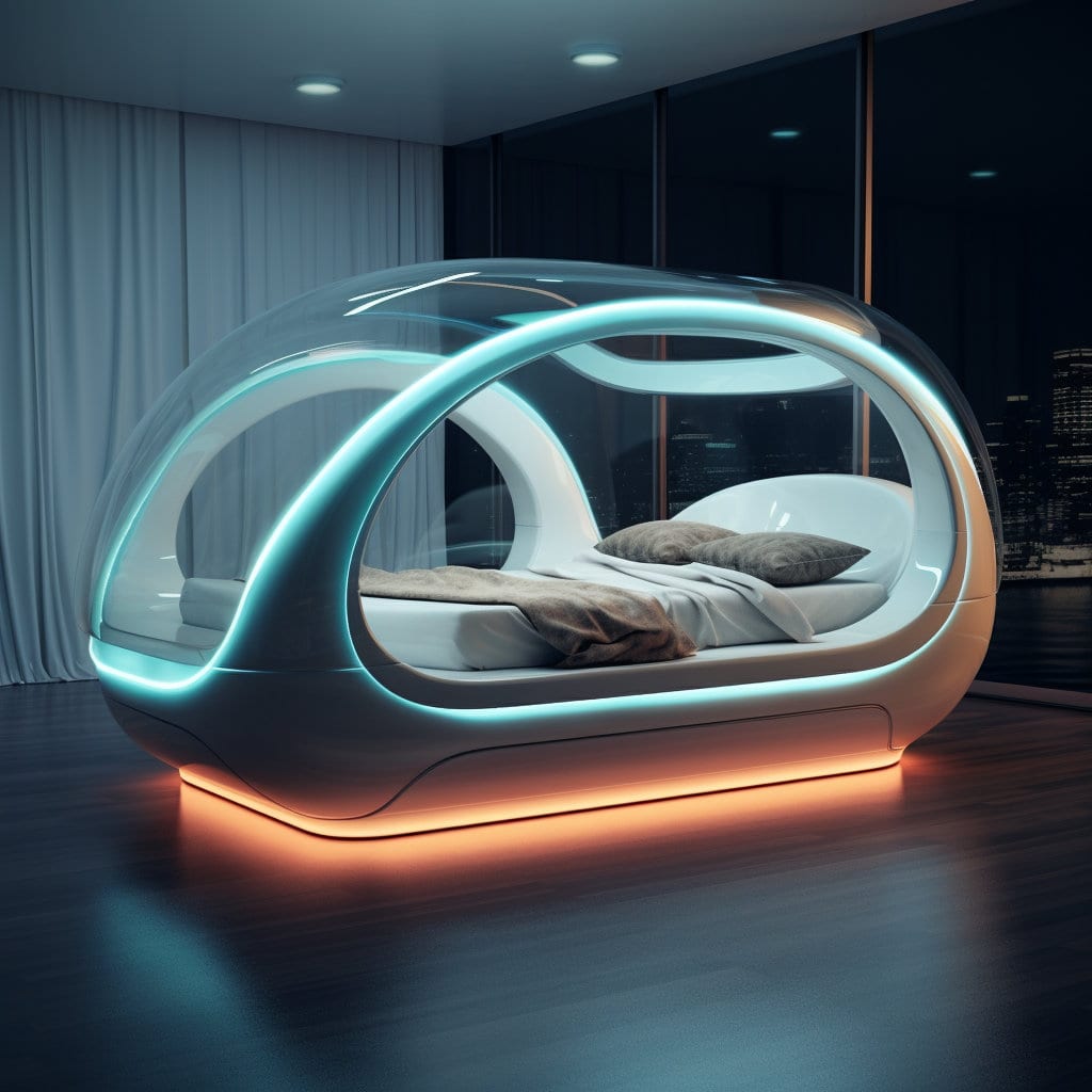 A glowing futuristic space age bed concept at Lilyvolt com