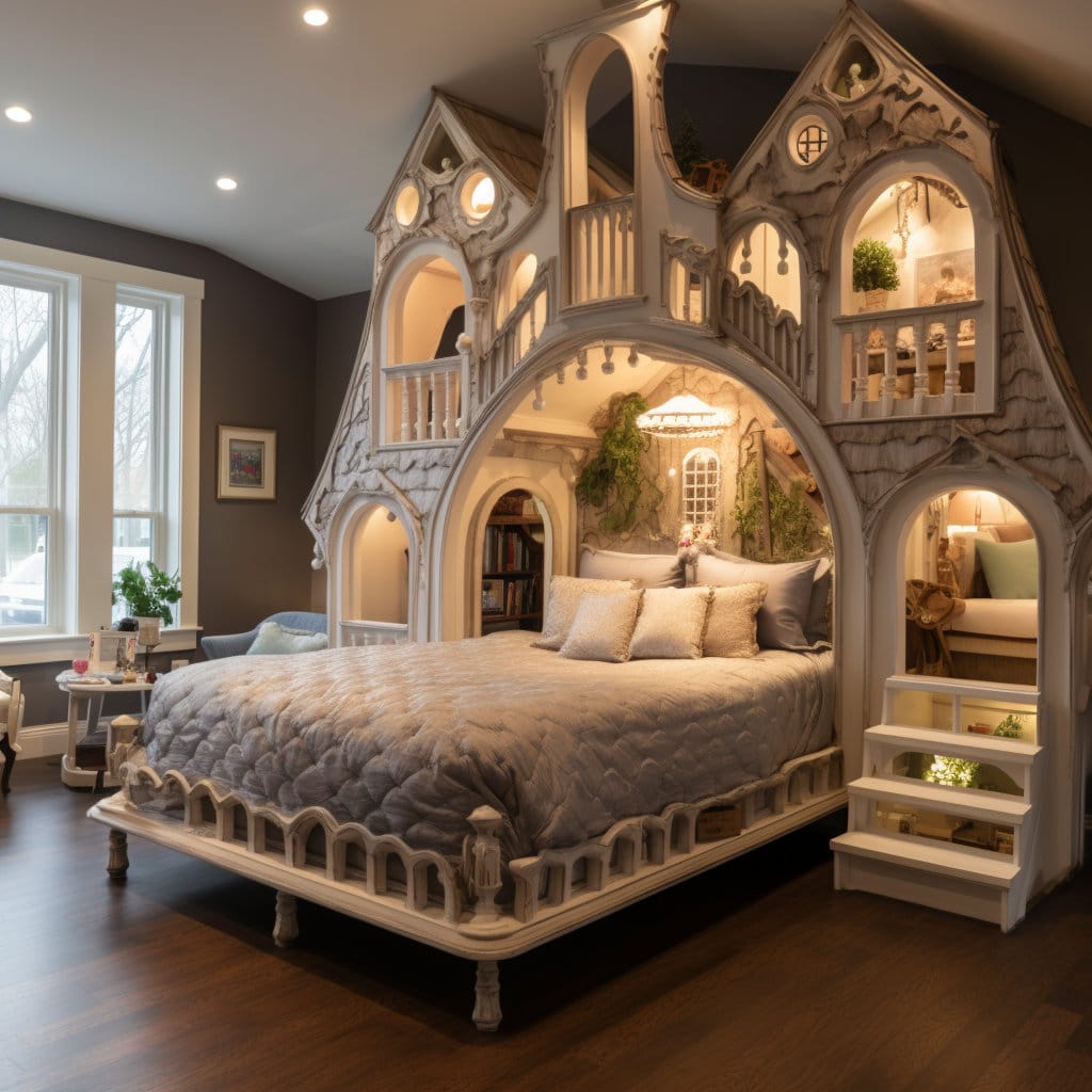 Adult sized bed shaped like a Victorian house at Lilyvolt com