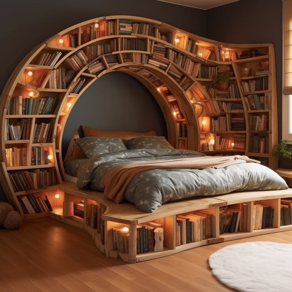 Adult sized bed with bookshelves around in an arch at Lilyvolt com