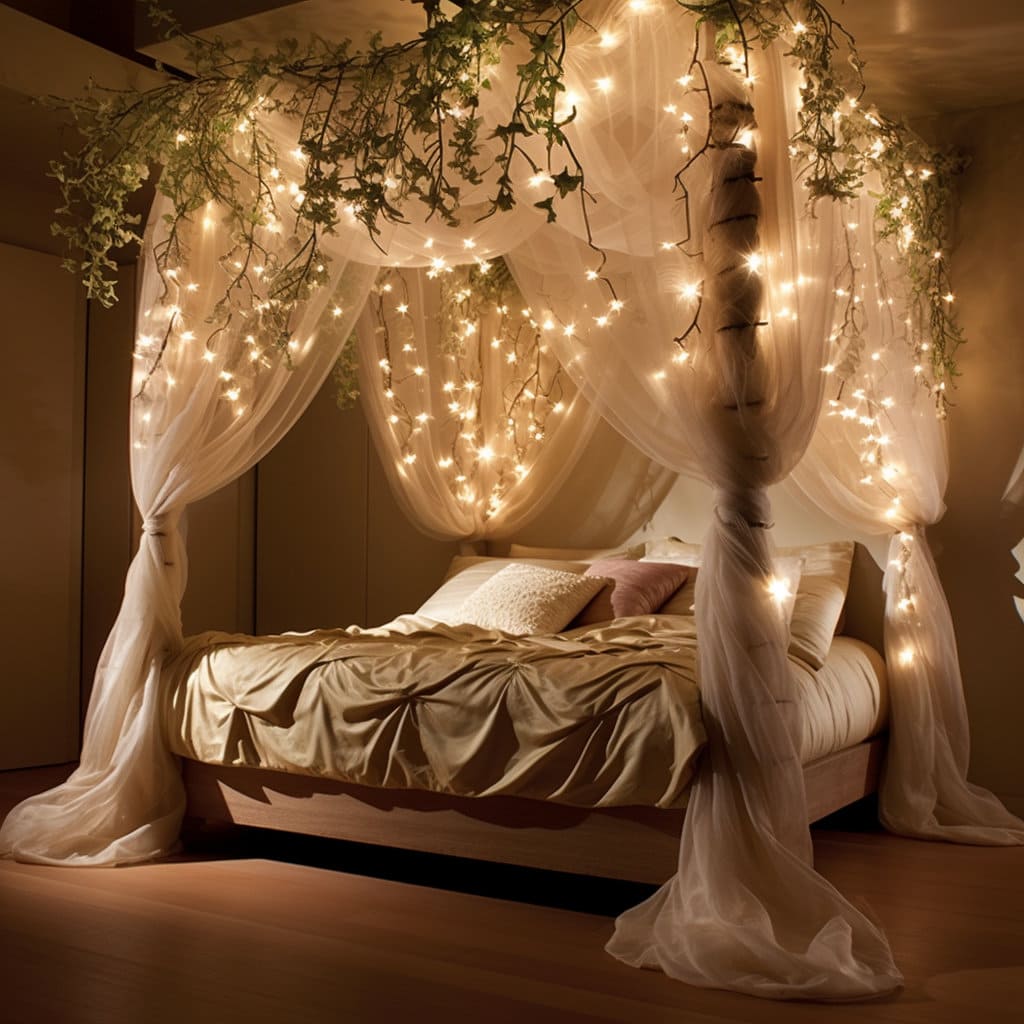 Beautiful canopy beds with hanging plants and lights at Lilyvolt com
