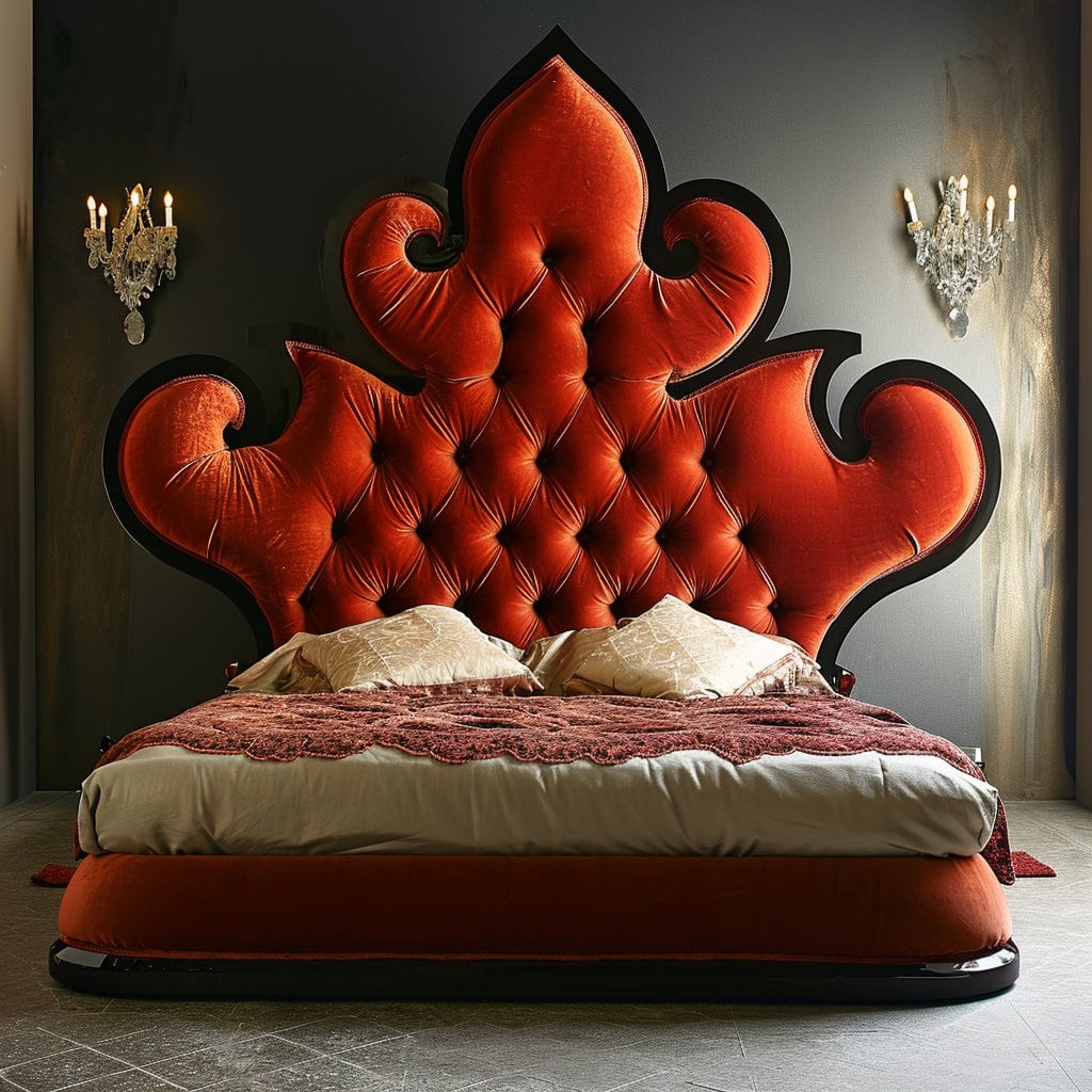 Bed with a huge red upholstered headboard with deep buttoning at Lilyvolt com