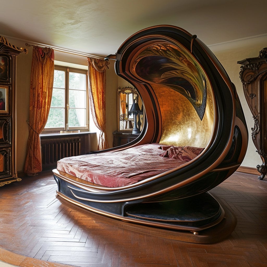 Bedroom and an unusual queen-size bed curved art nouveau style at Lilyvolt com