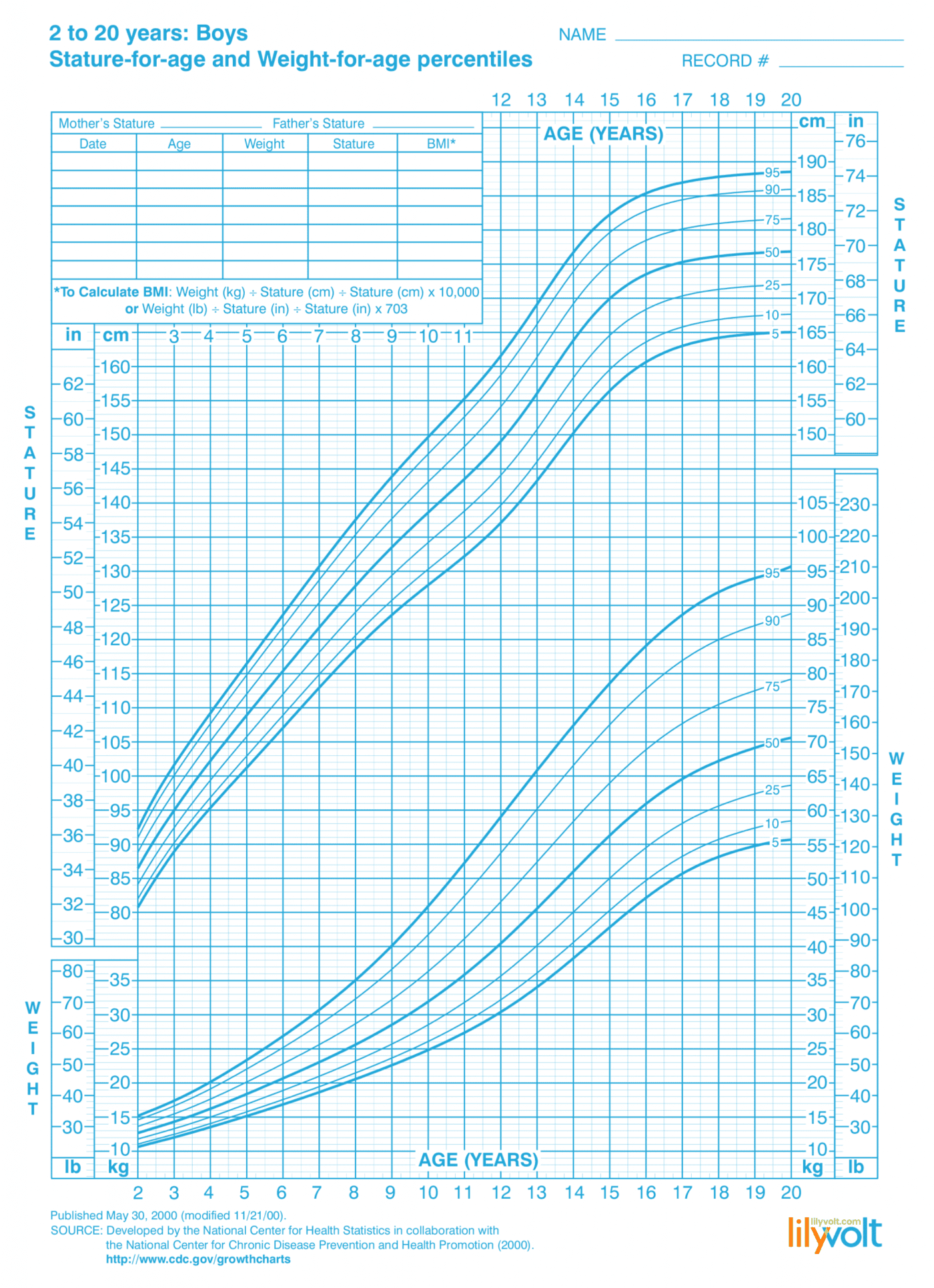 Height & weight growth charts for boys, ages 2-20 - Lilyvolt