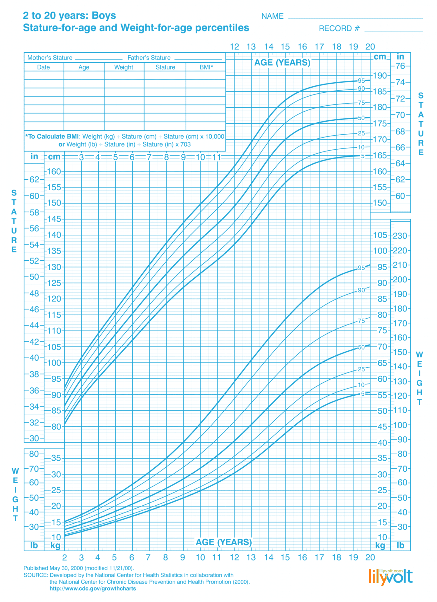 Height & weight growth charts for boys, ages 2-20 - Lilyvolt