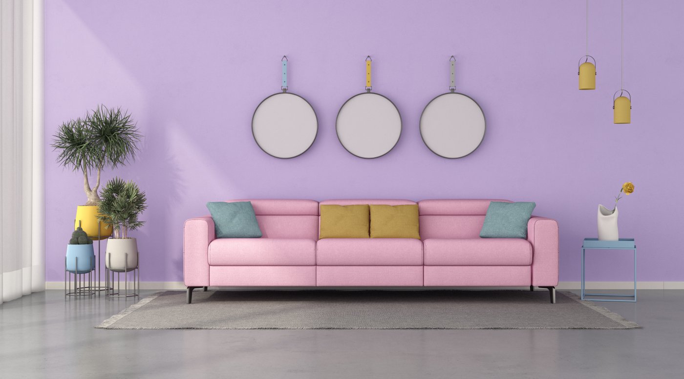 Candy-colored unicorn living room in purple and pink