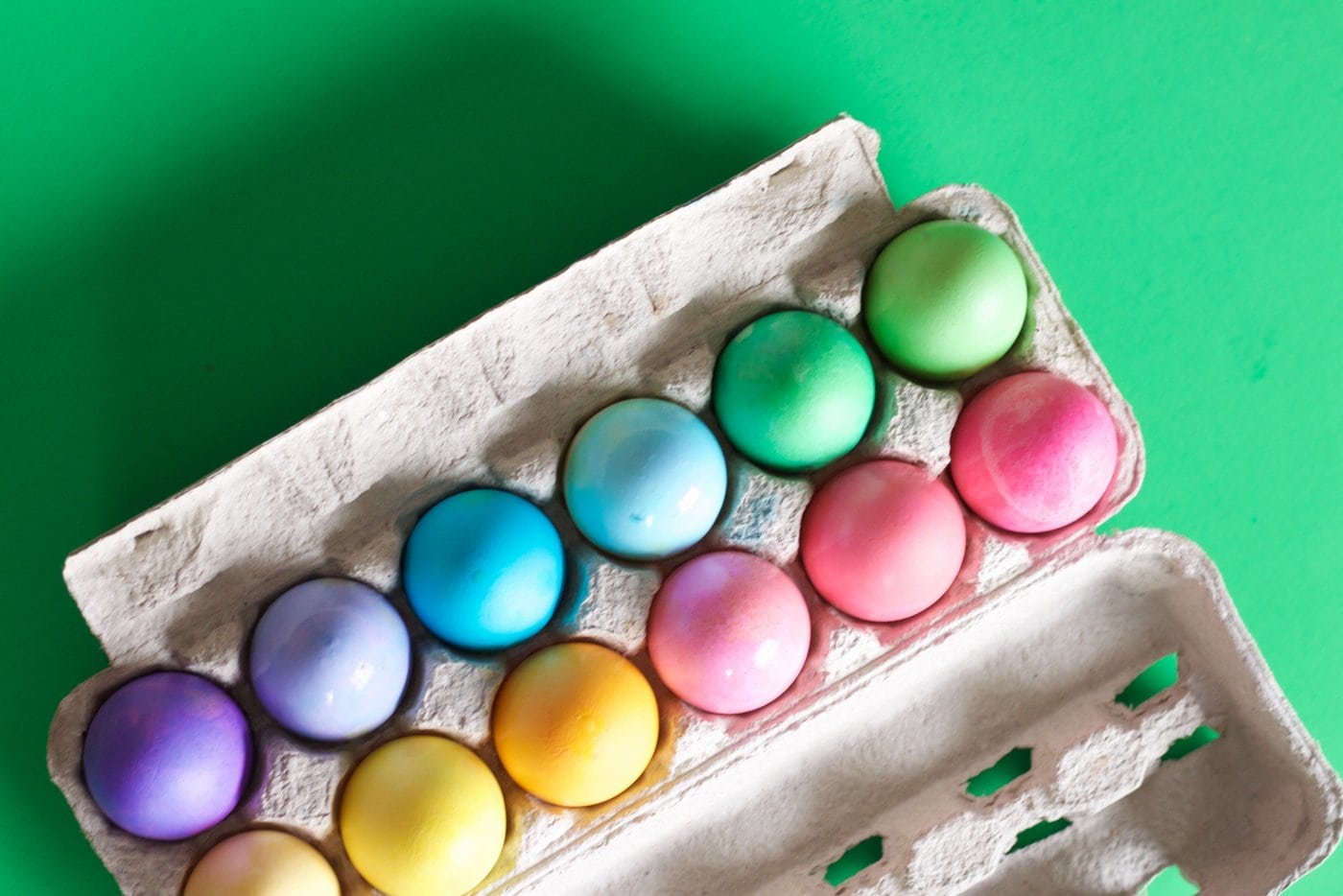 Colorful Easter eggs dyed in a rainbow of colors