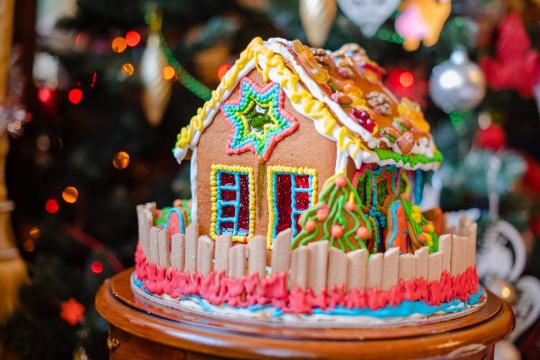 Decorated gingerbread house with little circle fence