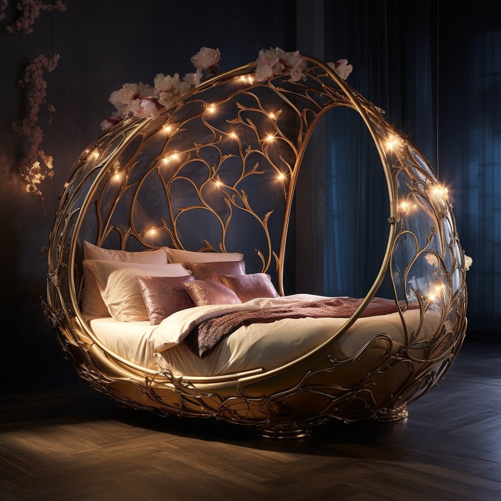 Gorgeous romantic bed made from a graceful lit-up tree sculpture at Lilyvolt com