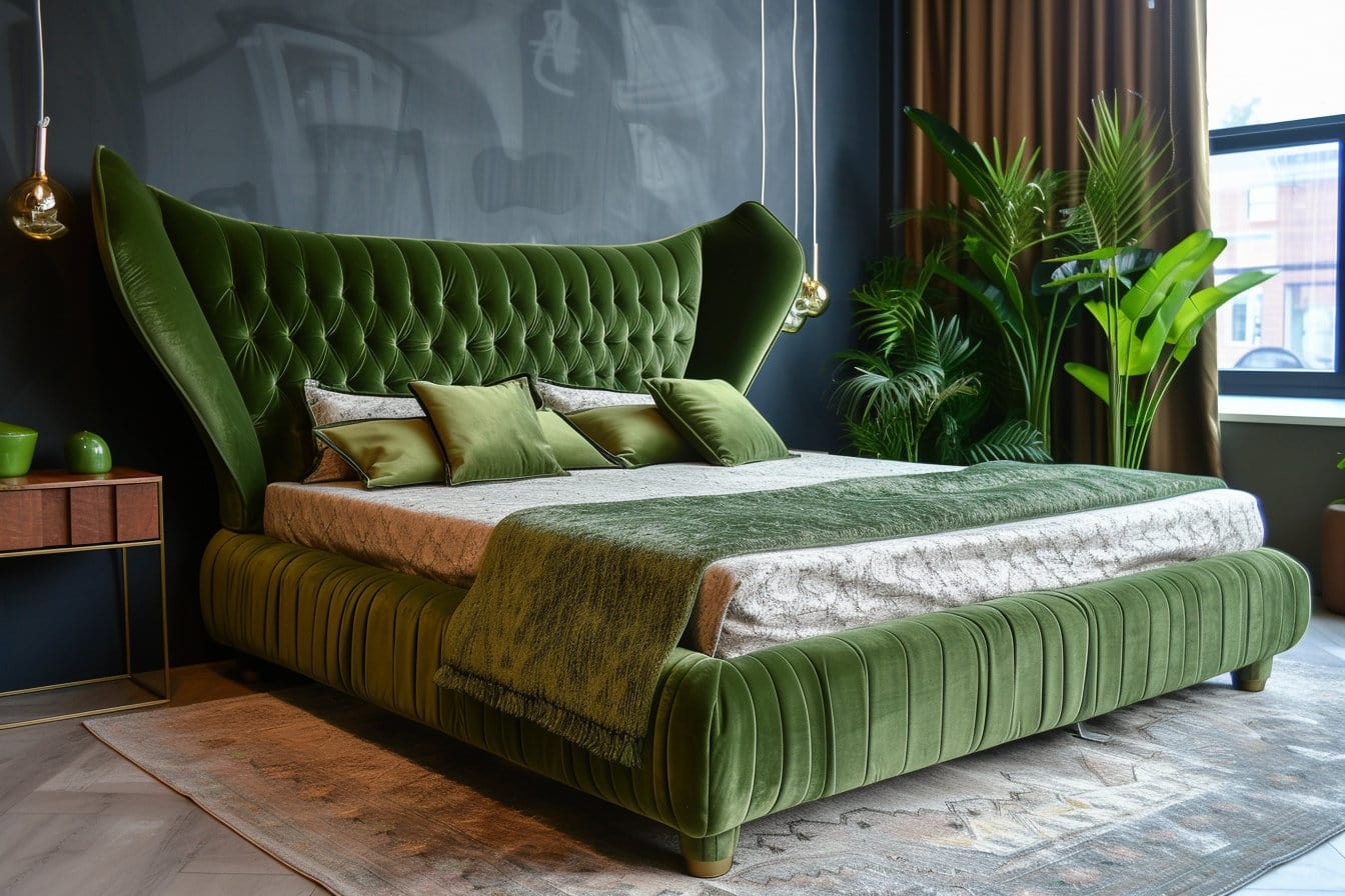 Green velvet or velour bed with wide headboard at Lilyvolt com