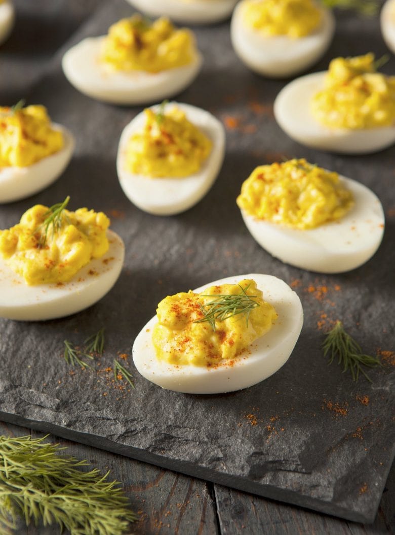Homemade deviled eggs with sill