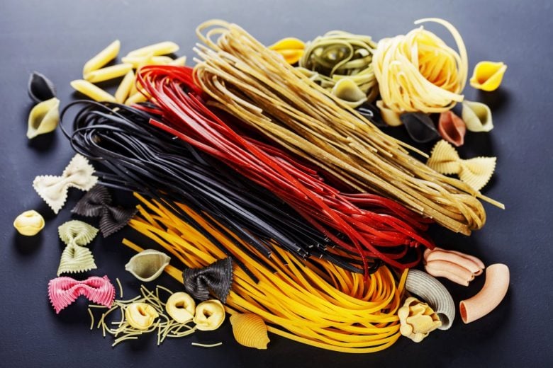 Italian pasta types - different shapes and colors