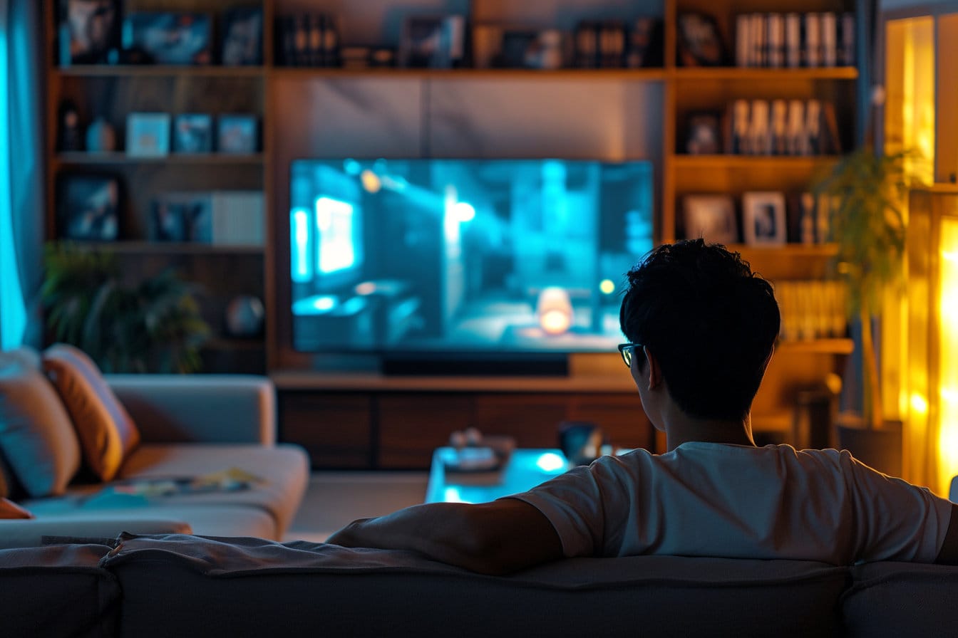 Man at home watching a movie