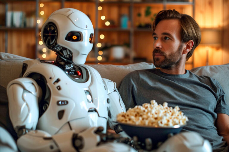 Man sitting with an AI robot on the sofa to watch TV