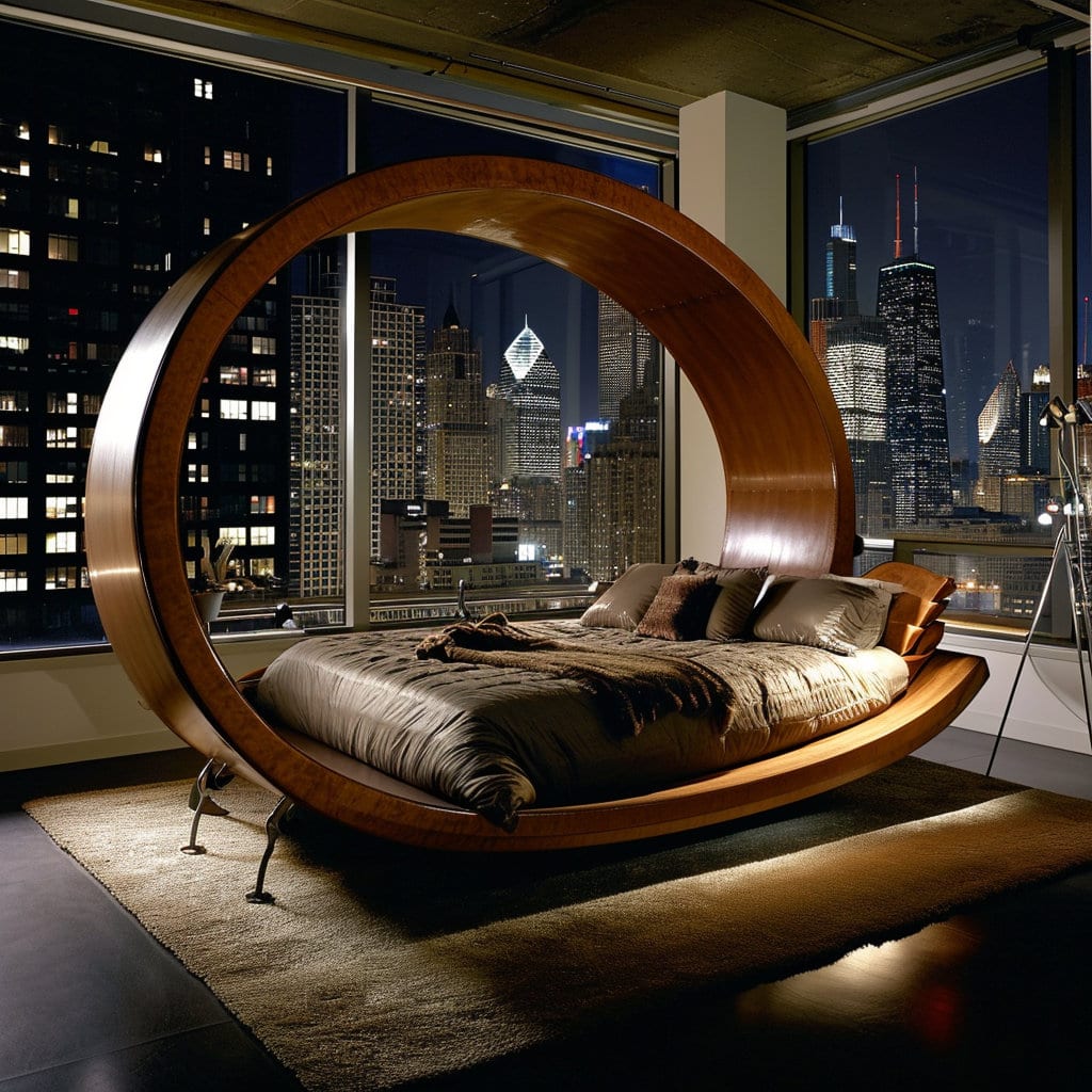 Modern bedroom design and unique bed with a wood loop at Lilyvolt com