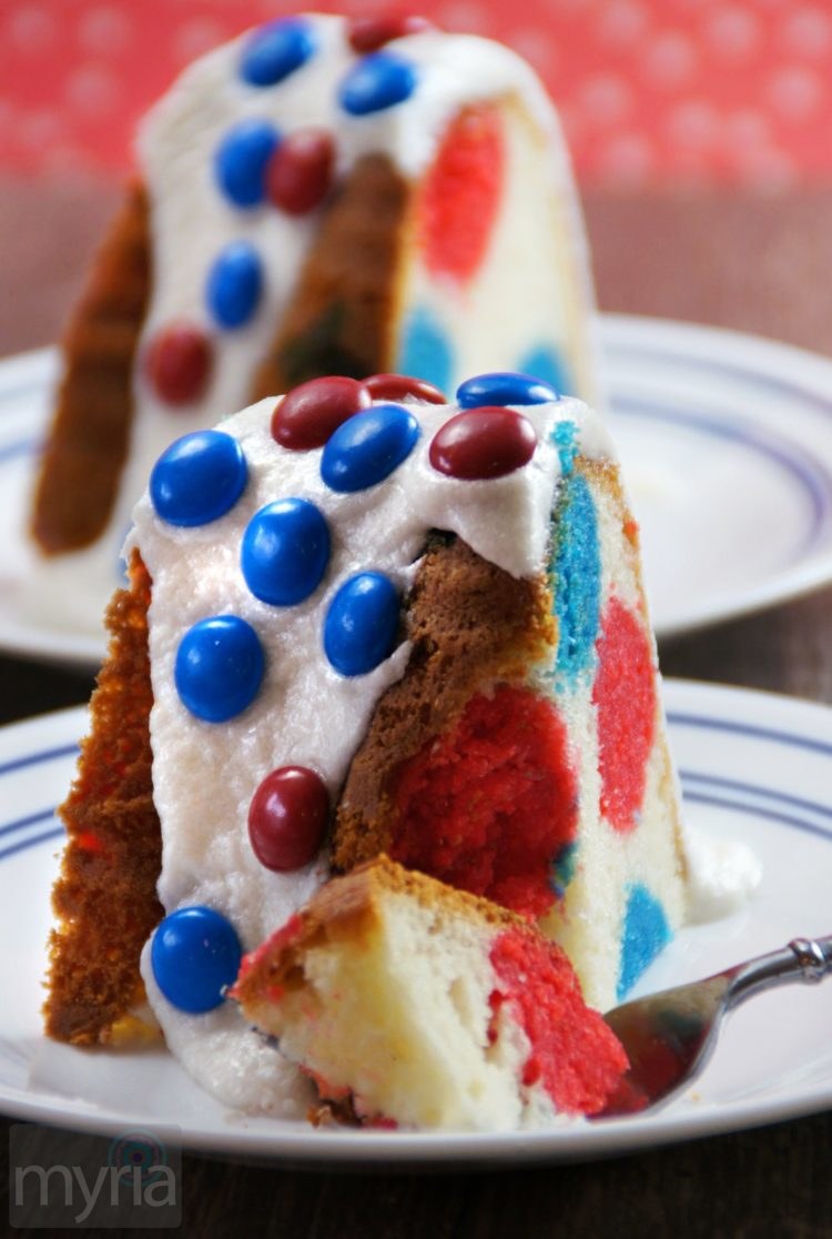 Pieces of red white and blue polka dot cake