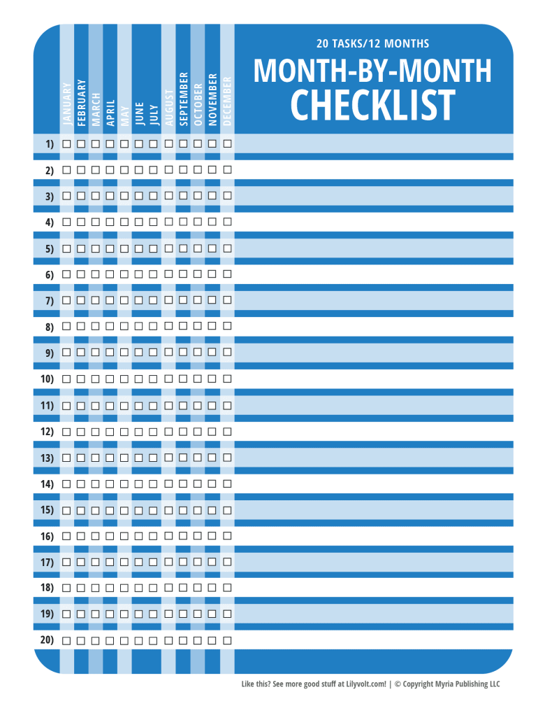 Printable month-by-month checklist from Lilyvolt - Blue