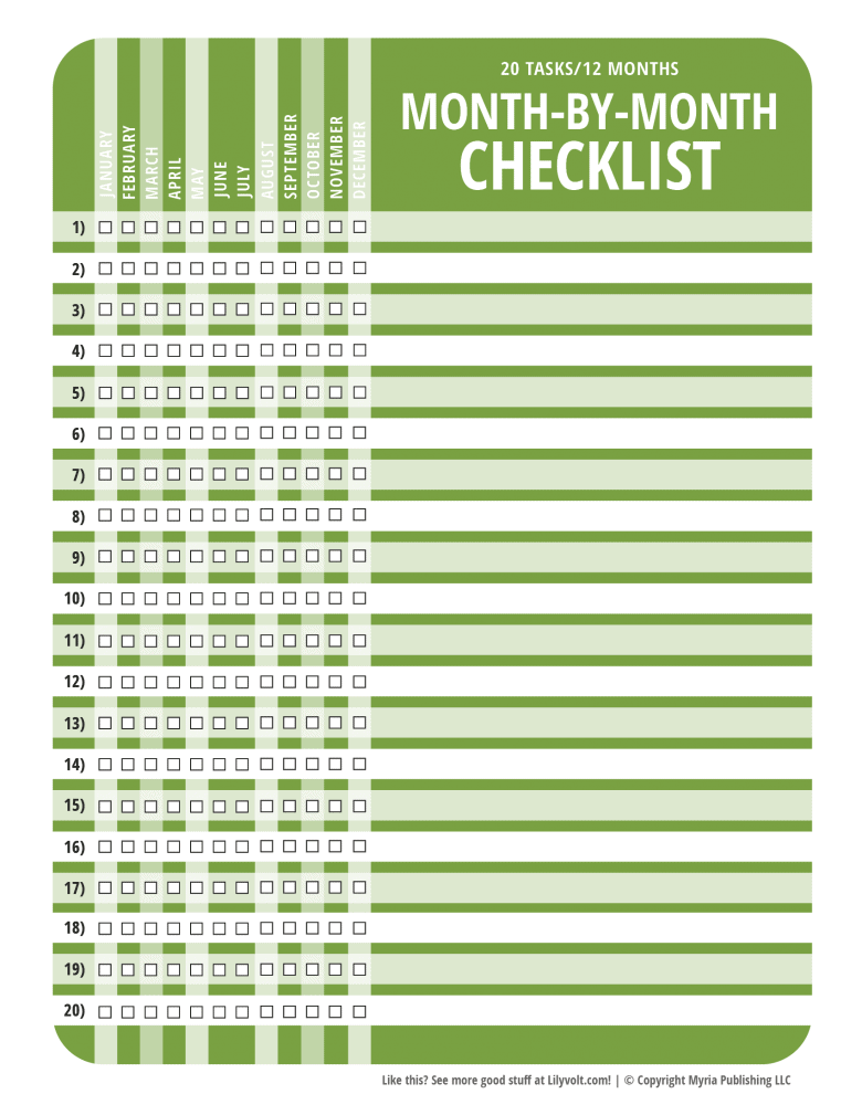 Printable month-by-month checklist from Lilyvolt - Green