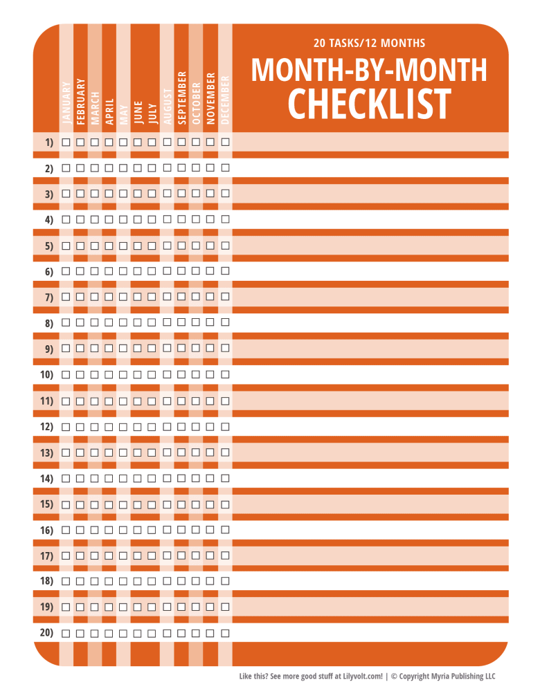 Printable month-by-month checklist from Lilyvolt - Orange