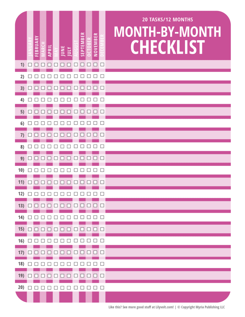 Printable month-by-month checklist from Lilyvolt - Pink