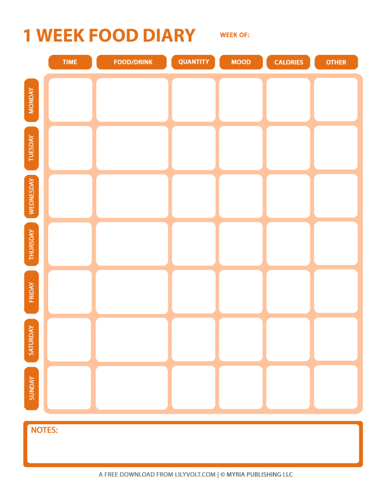 Printable weekly diet journal from Lilyvolt - Orange