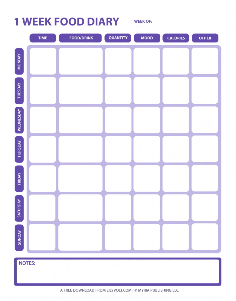Printable weekly diet journal from Lilyvolt - Purple