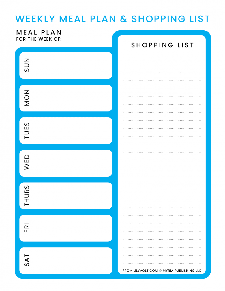 Printable weekly meal planner from Lilyvolt - Blue