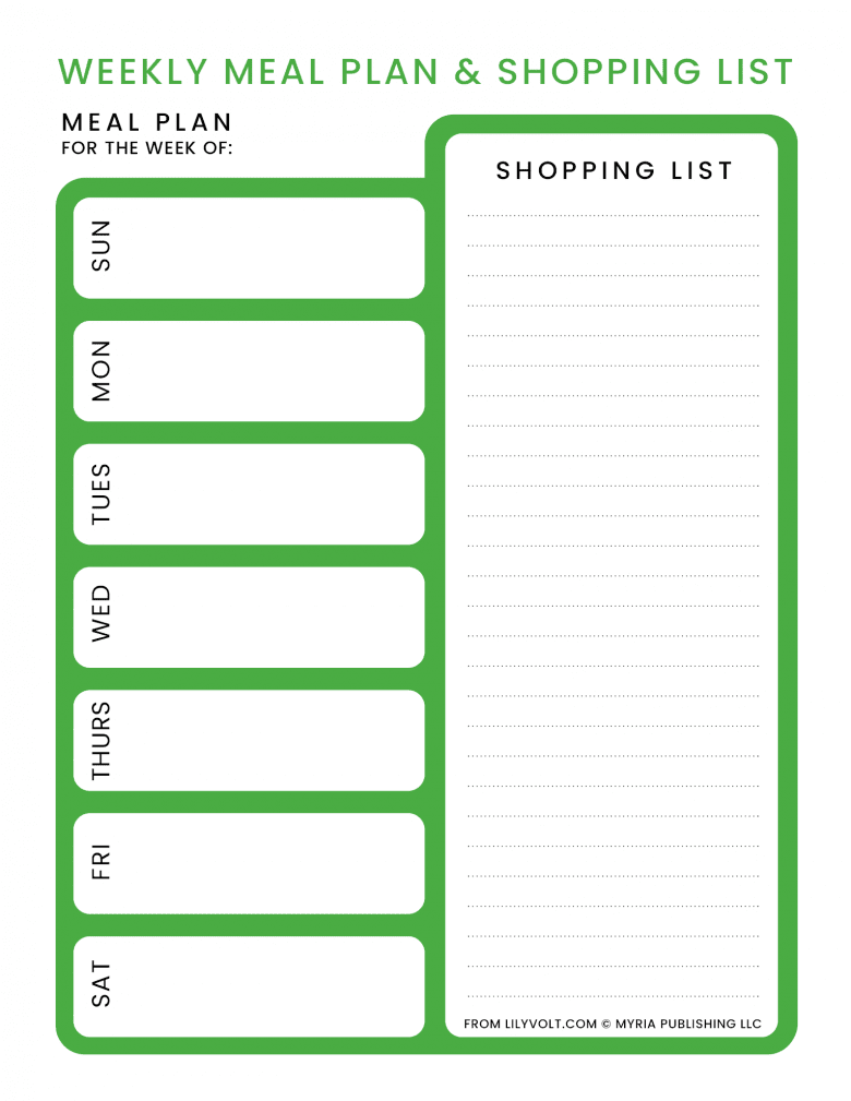 Printable weekly meal planner from Lilyvolt - Green