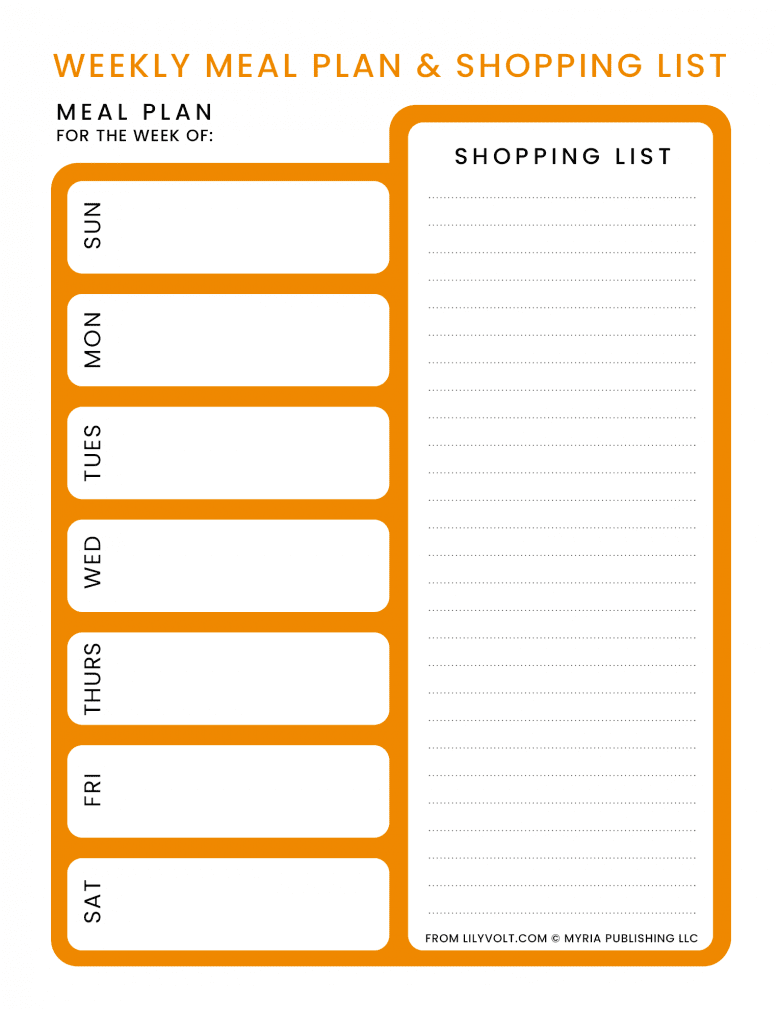 Printable weekly meal planner from Lilyvolt - Orange
