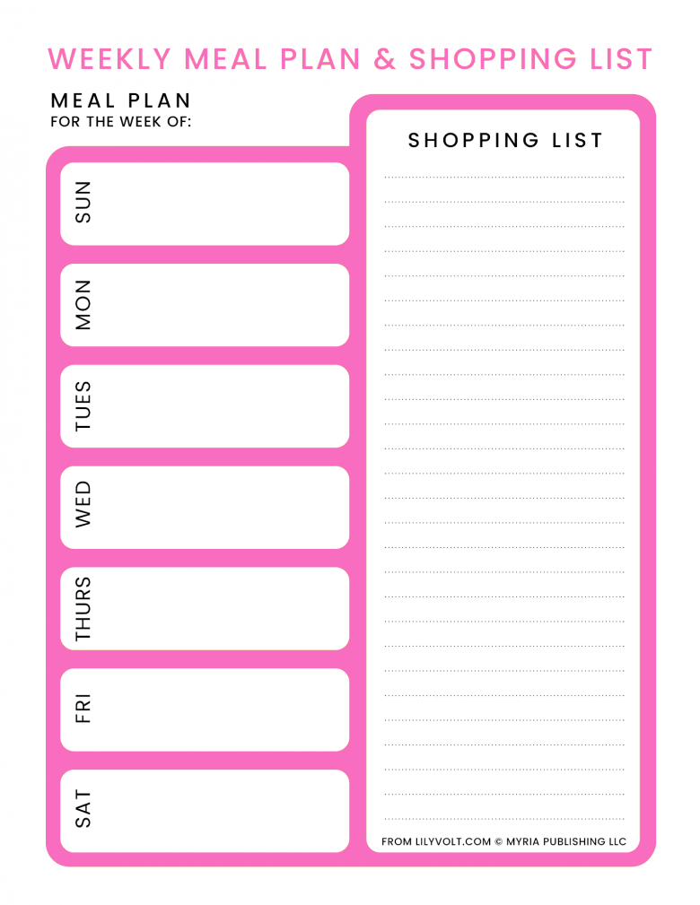 Printable weekly meal planner from Lilyvolt - Pink