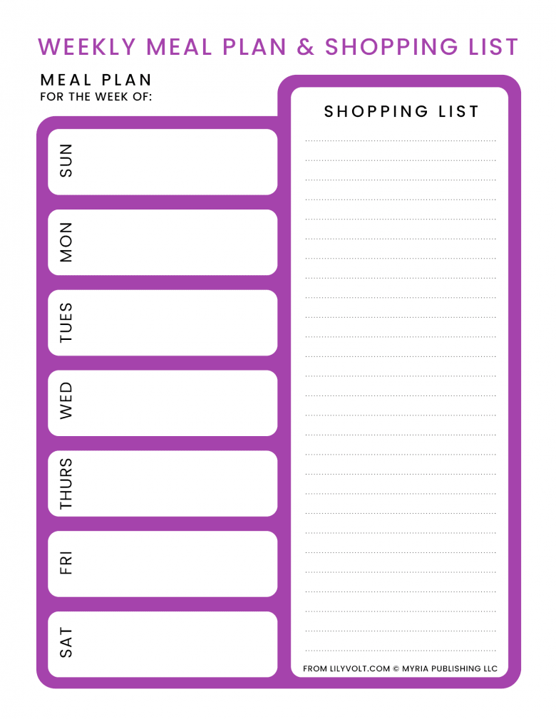 Printable weekly meal planner from Lilyvolt - Purple