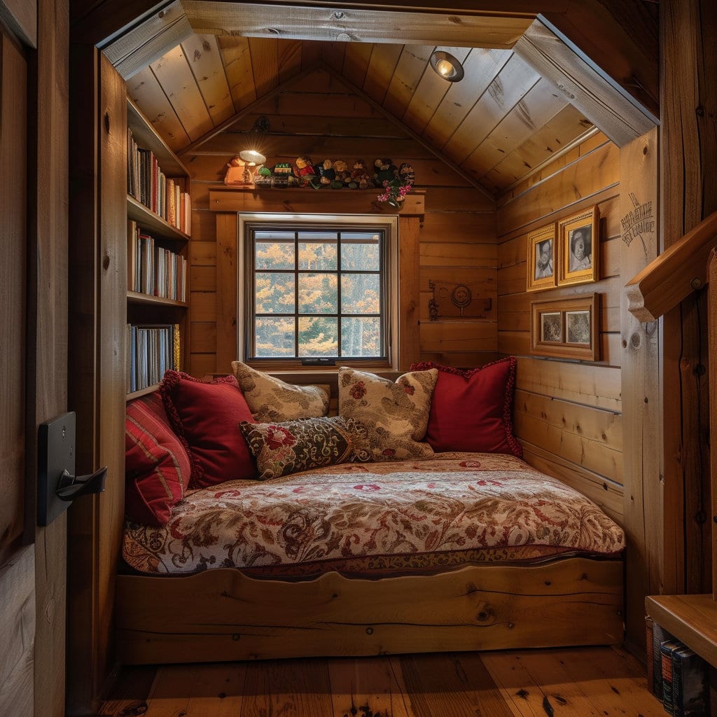 Queen size bed inside a cozy reading nook at Lilyvolt com