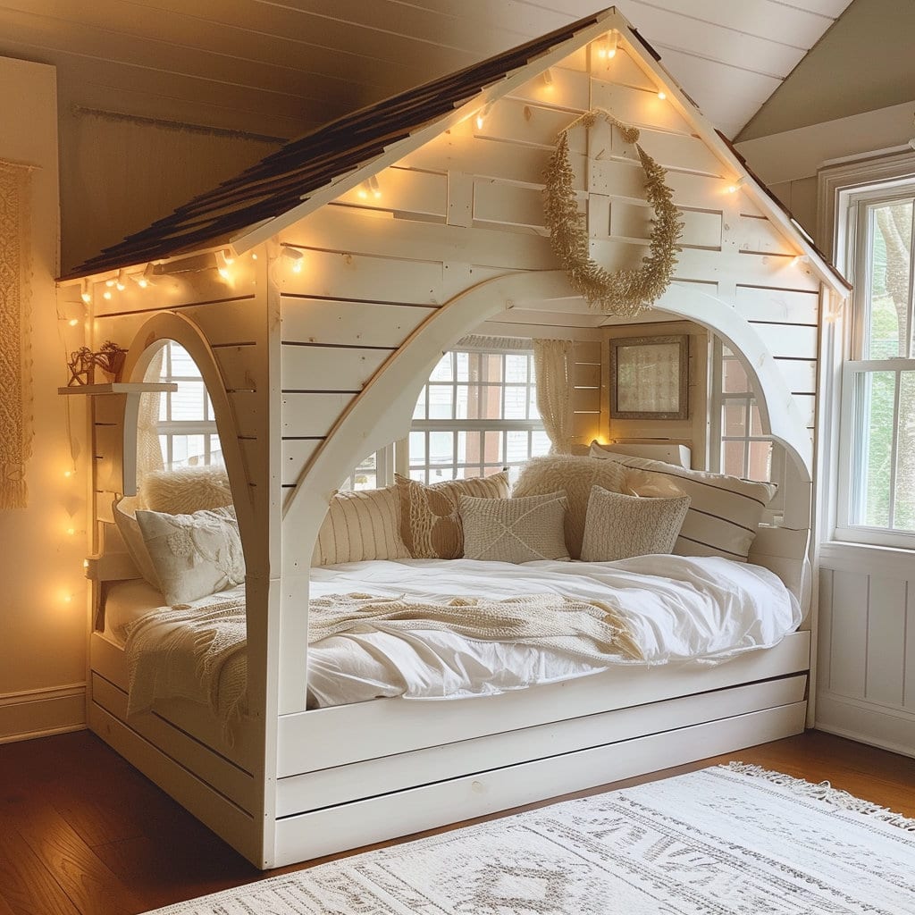 Queen size bed that is inside a little playhouse at Lilyvolt com