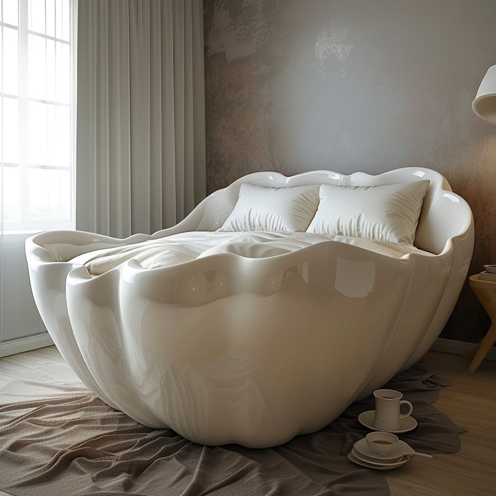 Queen size bed that looks like a big scallop shell at Lilyvolt com