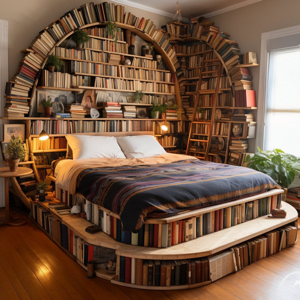 Queen size bed with bookshelves for a headboard and all around at Lilyvolt com