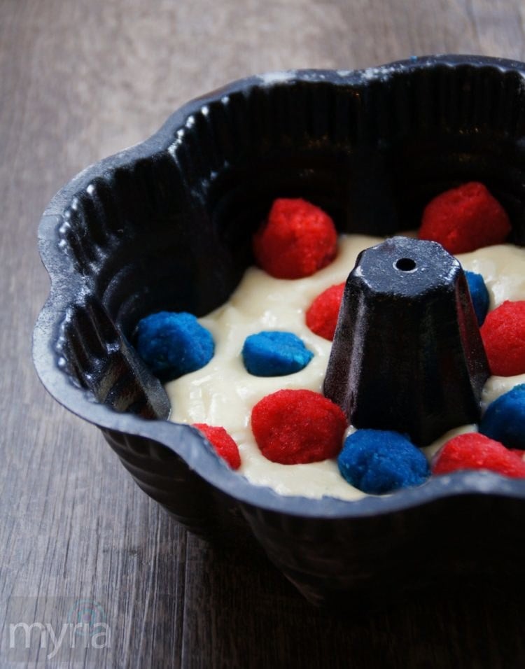 Red white and blue cake batter - first layer of colored cake dots