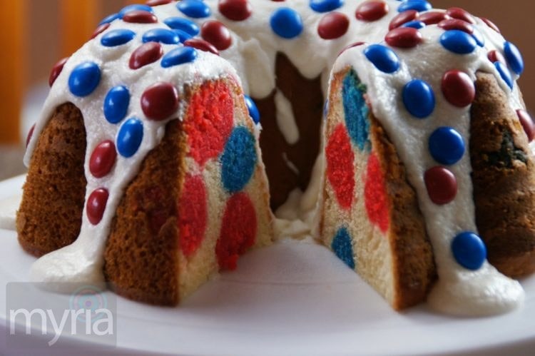 Red white and blue polka dot cake from front