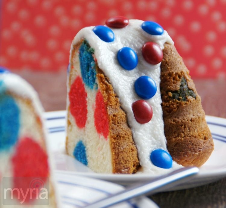 Slice of red white and blue polka dot cake