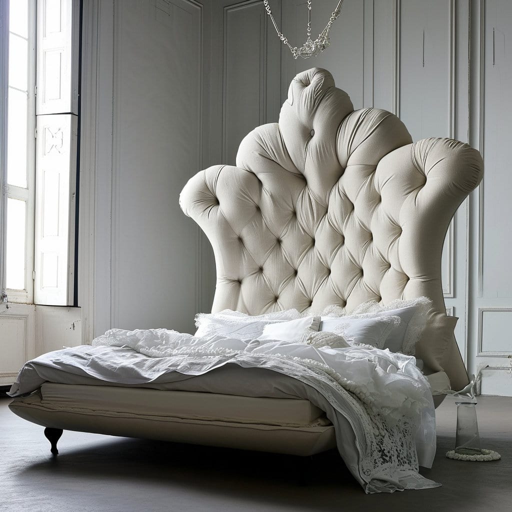Unusual adult bed with a huge white upholstered headboard with deep buttoning at Lilyvolt com