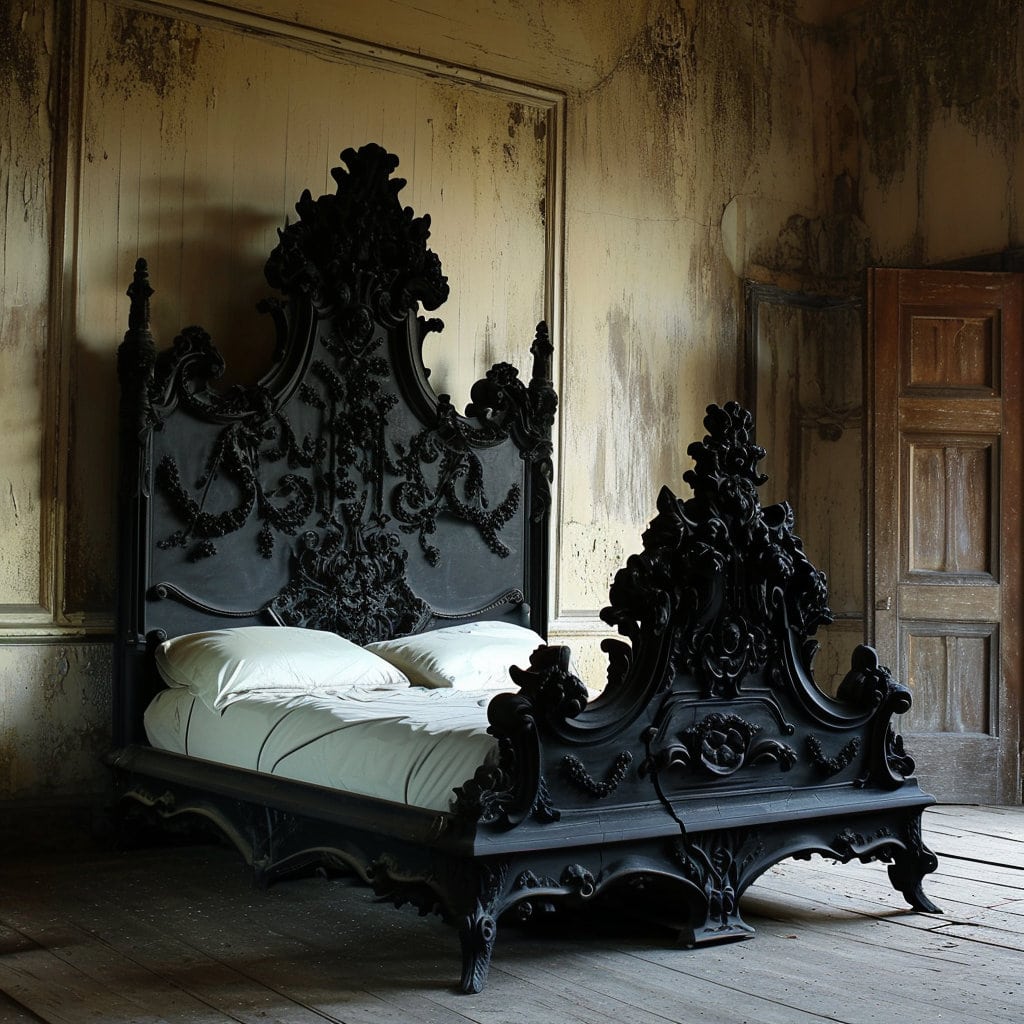 Unusual and very Gothic looking sharply carved adult bed in black at Lilyvolt com