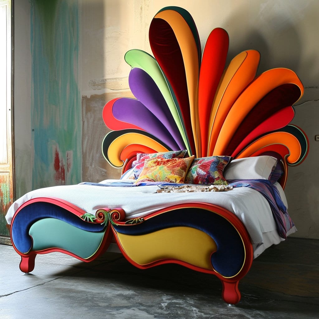 Unusual and very colorful adult bed with a plume headboard at Lilyvolt com