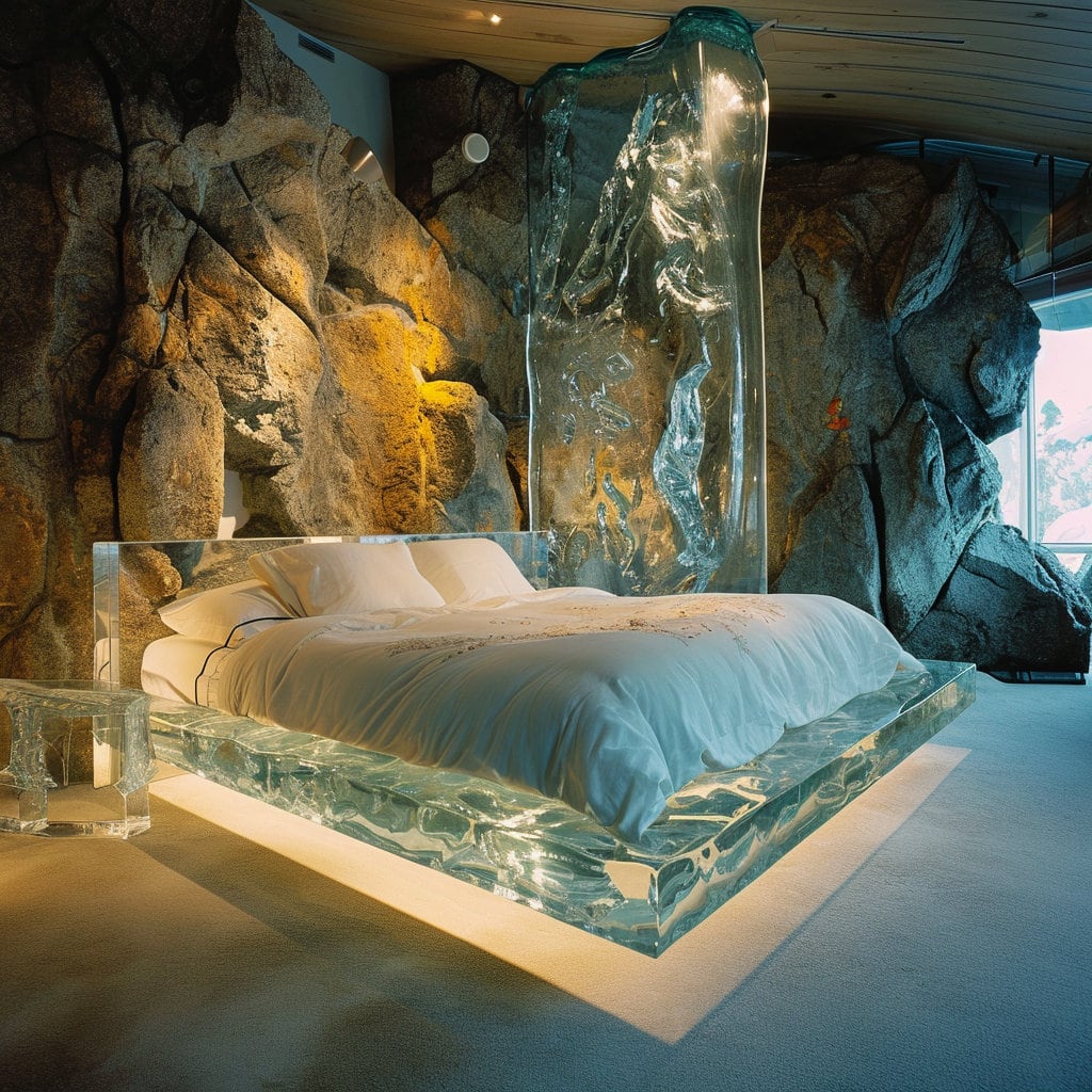 Unusual king-size bed and bedroom with a glass theme at Lilyvolt com