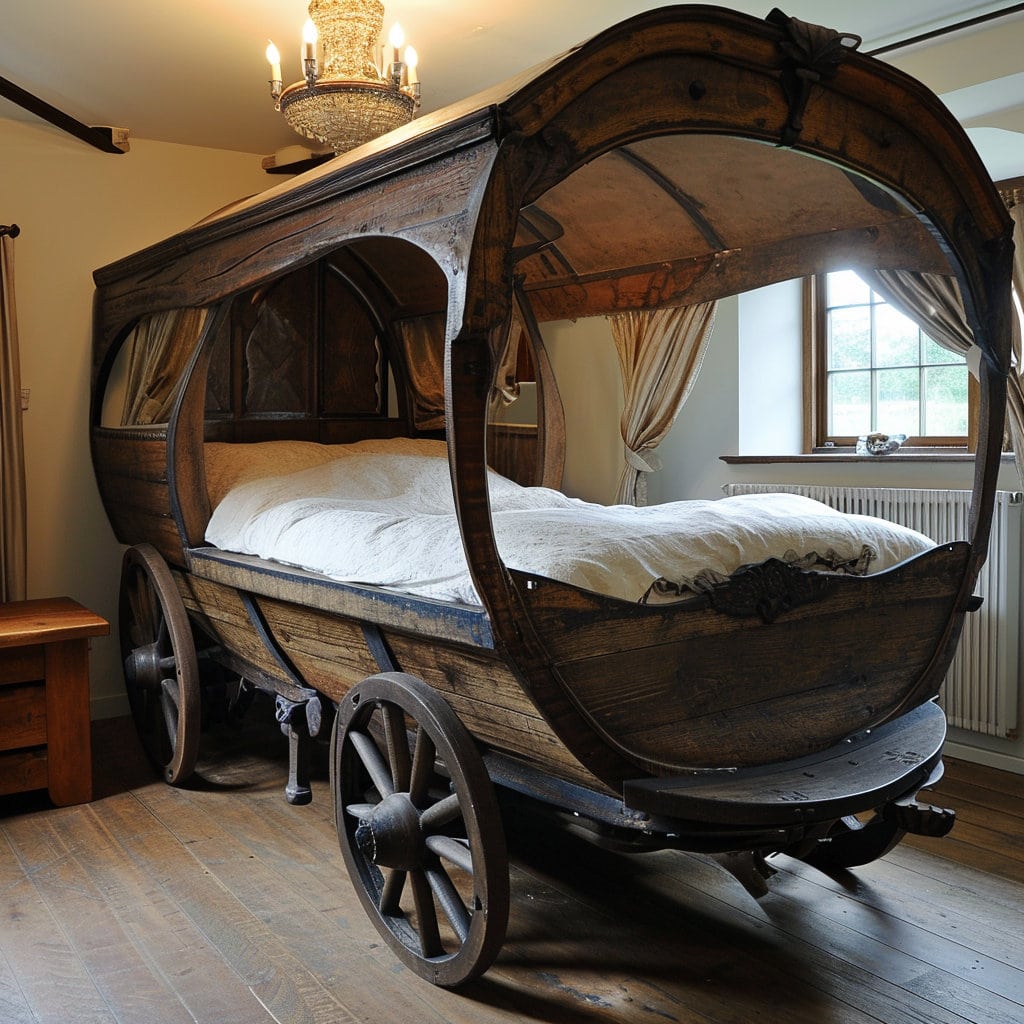 Unusual king-size bed that looks like an 1800s wagon at Lilyvolt com